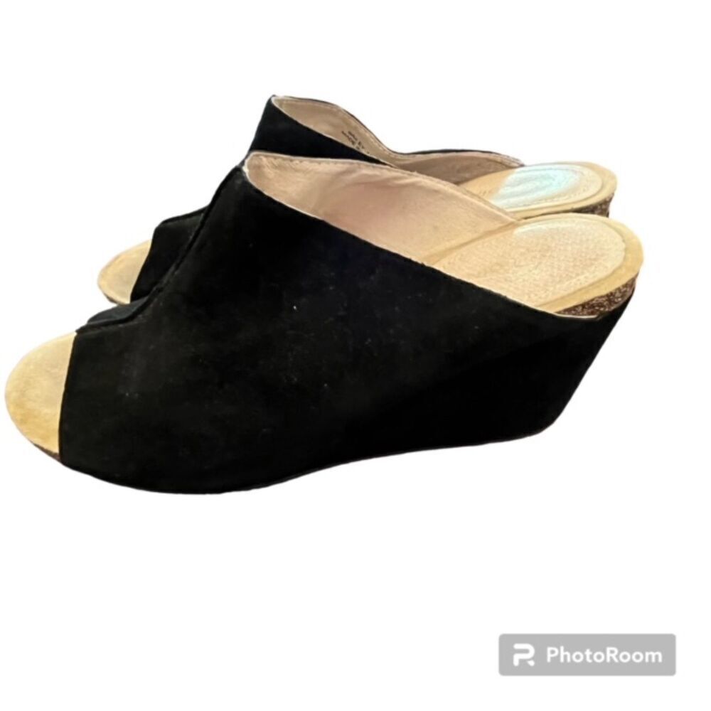 Sudini Bailey Wedge Sandal Suede Peep Toe Slip On Mule Heels Black Size 10